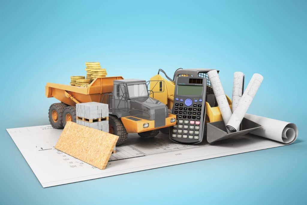 Graphic of construction and calculating equipment representing construction budget costs 