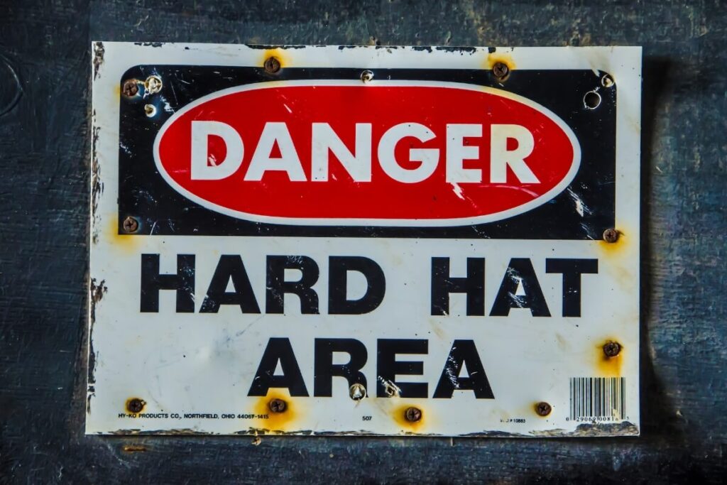 Safety sign that reads Danger Hard Hat Area