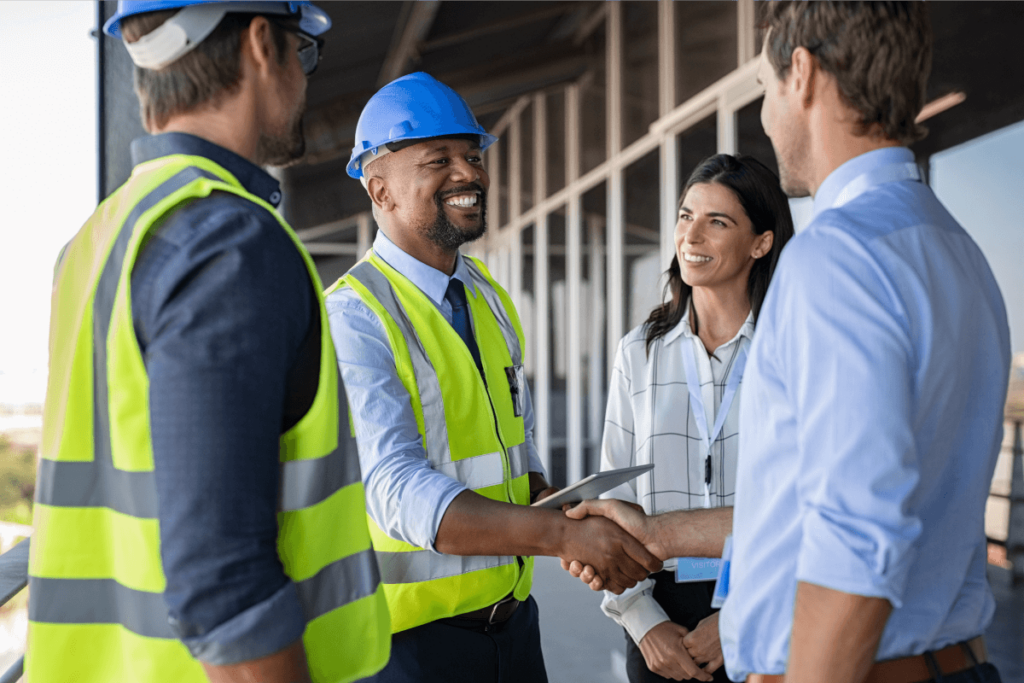Construction workers wearing hard hats discussing a project on a jobsite before a construction job interview.