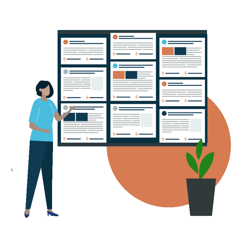 Animation. A woman gestures toward a job board with three columns of cards that rotate in and out of the screen to reveal new jobs.